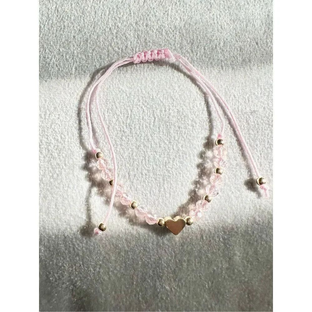 Light pink sparkly beaded gold heart friendship bracelet